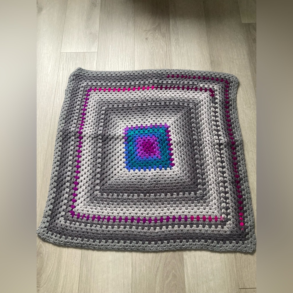 Handmade Gray Ombre Crochet Throw with Teal & Magenta Accents